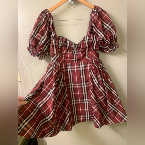Anthropologie Maeve Maroon Tartan Plaid Puff Sleeve A-Line Mini Dress Small NWT - Picture 5 of 9
